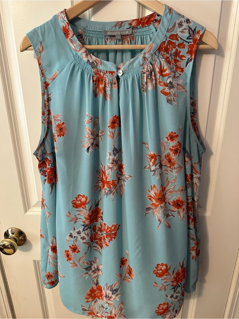 Daniel Rainn Aqua Floral Sleeveless Shell with Orange Blooms